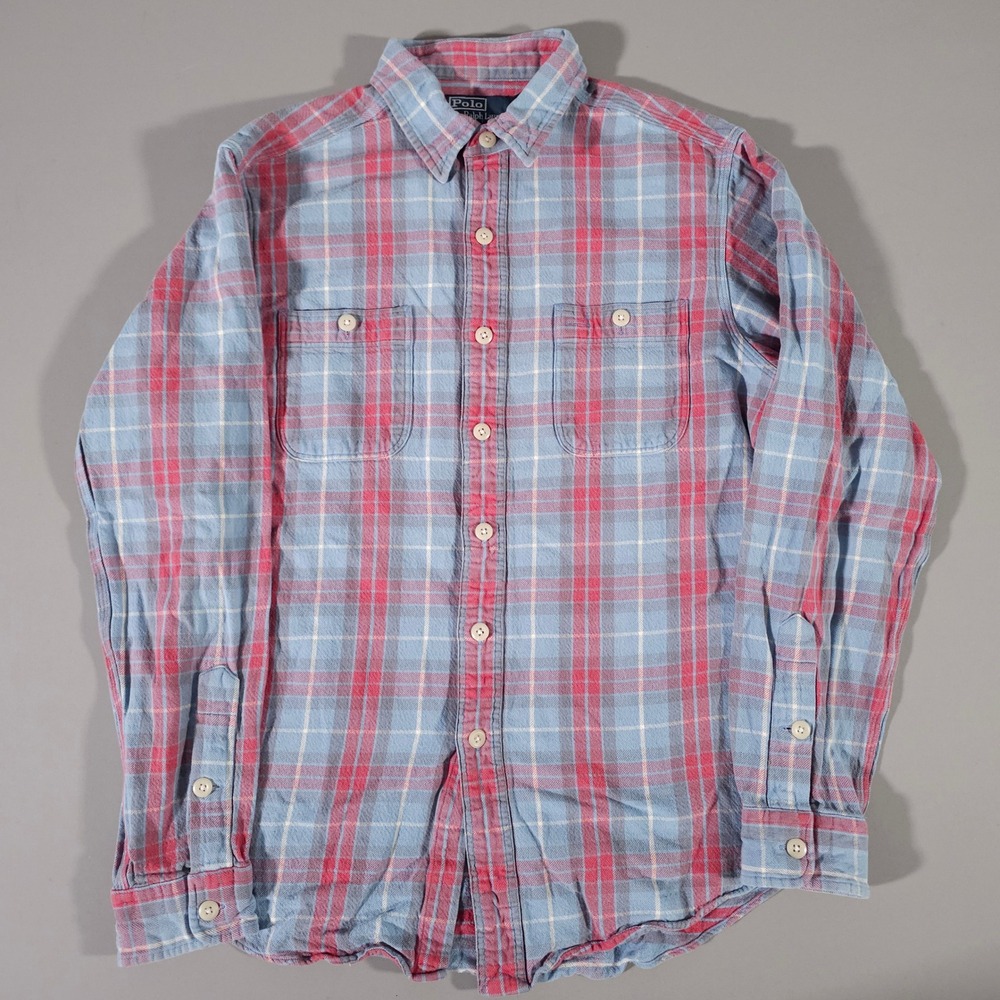 Polo Ralph Lauren Workshirt Mens Medium Blue Red Plaid Cotton Flannel Dungaree